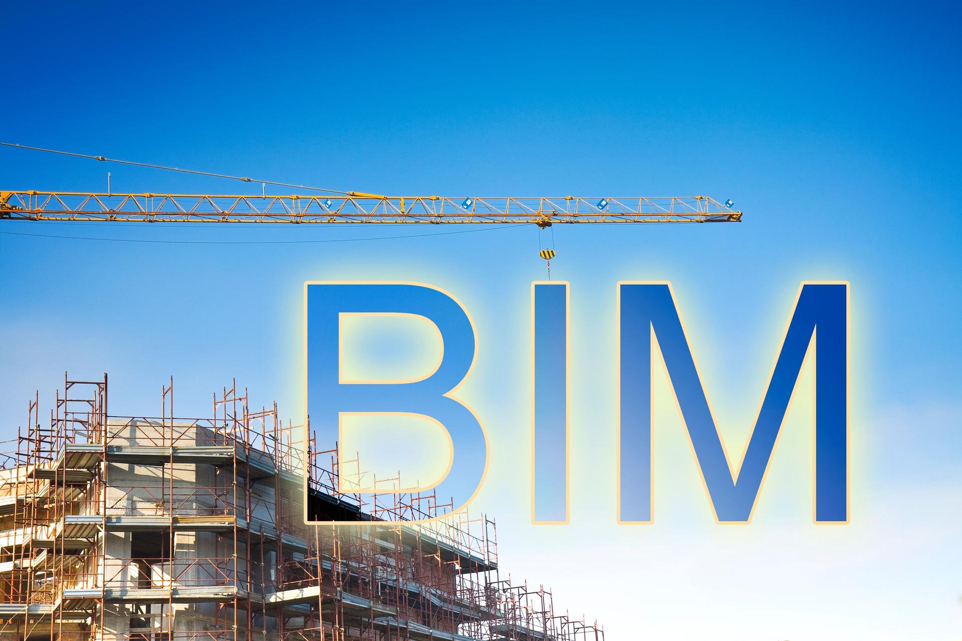 Building Information Modeling (BIM), a new way of architecture designing - concept image with a metal tower crane in a construction site with hanging text BIM